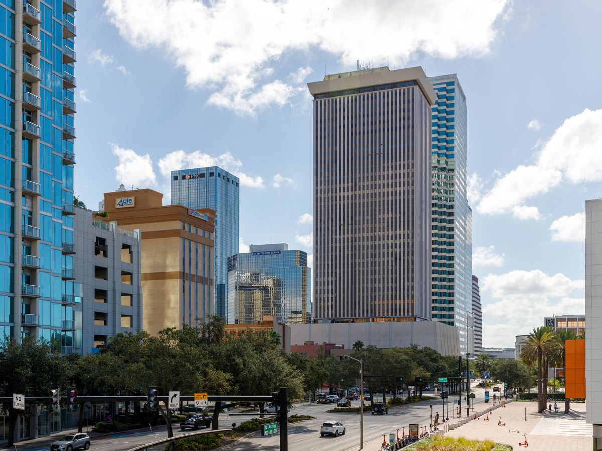 The downtown Tampa, Florida skyline seen from street level